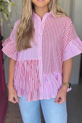 Button Down Striped Ruffled Hem Shirt Pink OutfitFlow